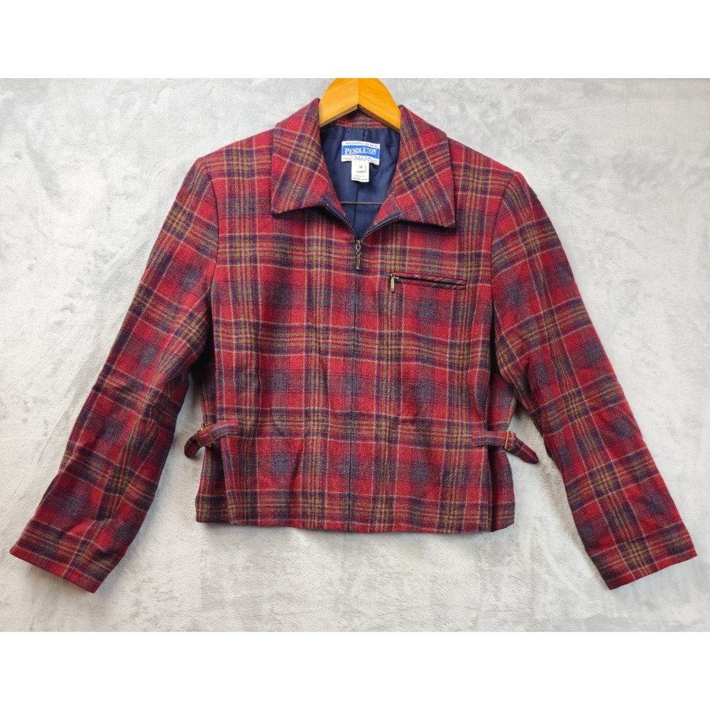 VTG Pendleton Womens Red Green Plaid Virgin Wool Full Zip Jacket Blazer Size 10P